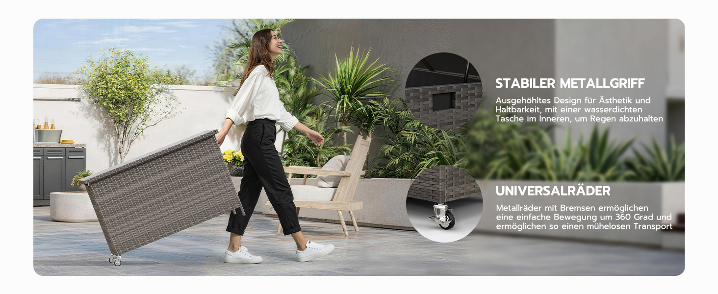 Водонепроникний садовий ящик Amopatio Gartenbox 480л з поліротангу, металевий ящик для подушок на колесах з газліфтом для саду та балкону, сірий