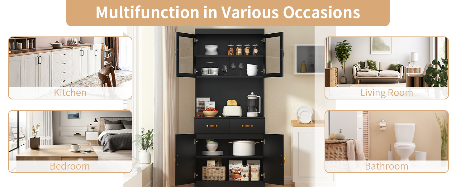 Кухонна шафа VOWNER з робочою поверхнею, буфет на кухню з 4 шафами, вітрина, буфет з регульованими полицями, 80 x 40 x 180 см, для кухні, вітальні, офісу, їдальні (білий) (чорний)