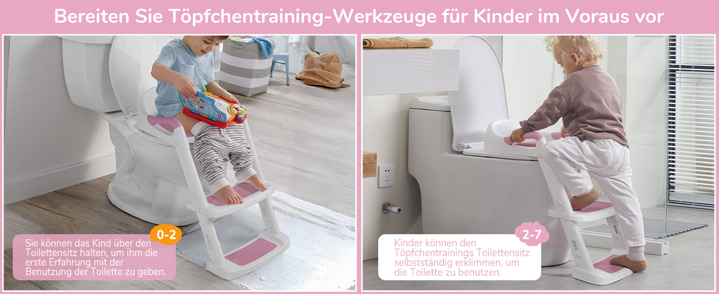 Дитяче сидіння на унітаз DEANIC з драбинкою, рожеве - для дітей 1-7 років (38-47 см), PU-поліуретан