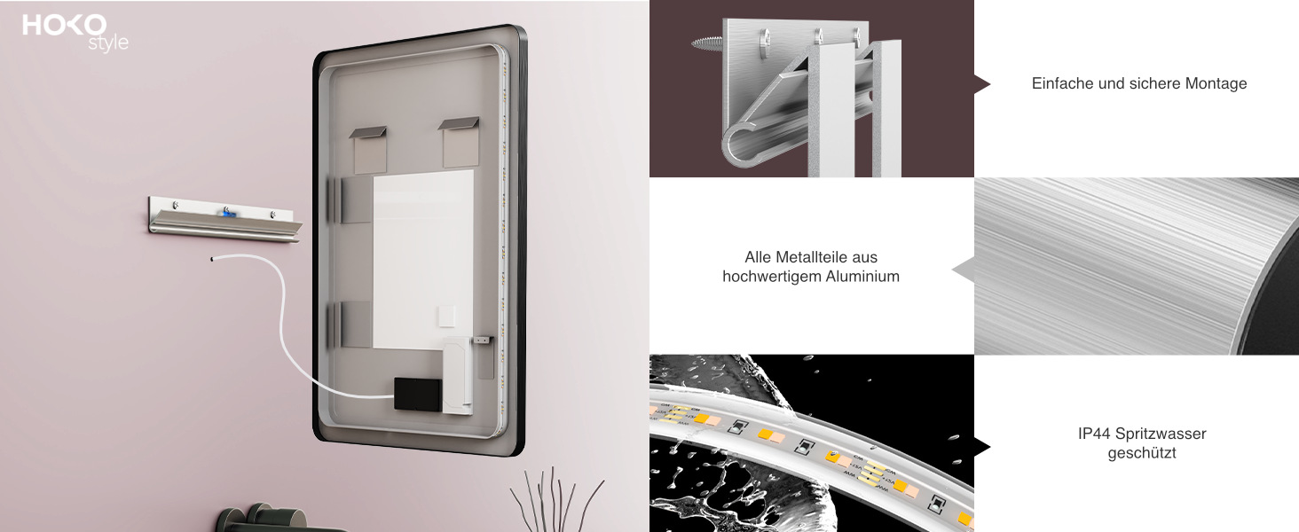 Дзеркало для ванної кімнати HOKO LED Texas 60x80 см / 80x60 см з підсвіткою, підігрівом проти запотівання та чорним металевим каркасом. Можливість встановлення HOCH+QUER. Сенсорне керування, зміна кольору світла 2700-6500K (тепле біле - холодне біле - нейтральне). Розміри: 80x60 см