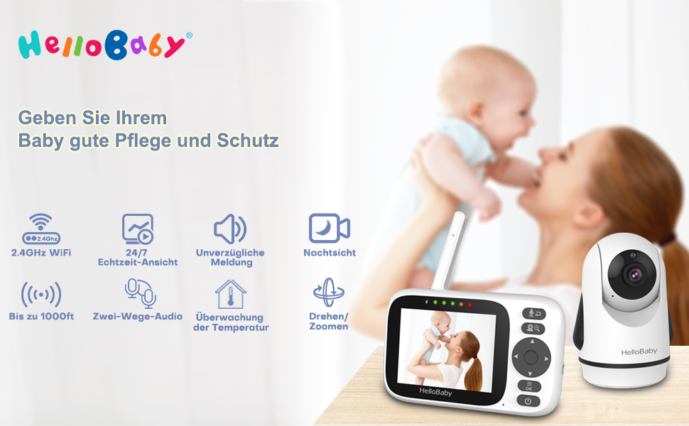 Відеоняня HelloBaby HB6339 з камерою, екраном 3.2 дюйма та двостороннім аудіозв'язком (без WLAN)