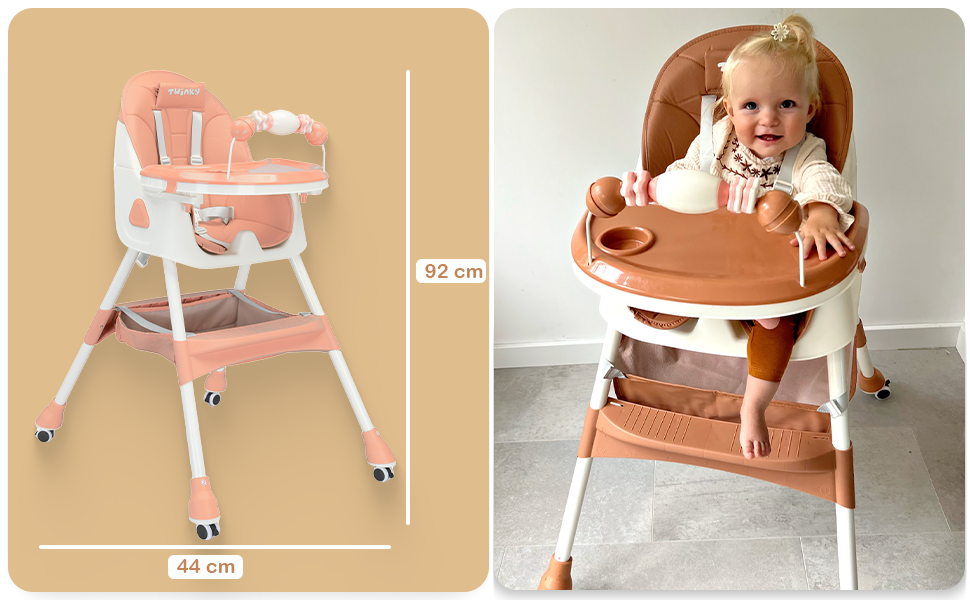 Дитячий стільчик для годування Twinky Hochstuhl Baby ECO з регульованою спинкою, функцією розкладання та столиком - підходить для новонароджених та дітей (Рожевий)