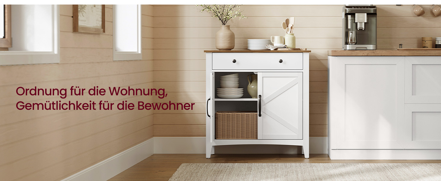 Шафа VASAGLE для кухні, комод, шафа для зберігання з ящиками та дверцятами, регульована полиця, стиль кантрі, для вітальні, кухні, їдальні, 40 x 140 x 80 см, вінтажний білий + медовий колір, BBK381W02