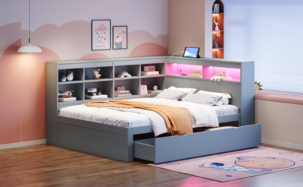 Диван-ліжко Kehun Doppelbet з LED-підсвіткою та USB-портом, трансформер з ящиками для зберігання та полицею, ліжко з ламелями, білий колір, без матраца, 140x200 см (сірий)