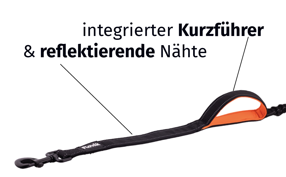 Еластичний повідець для собак Floxik 150 см повідець для собак преміум-класу, включаючи еластичний повідець для собак Floxik. Короткі керівництва різних розмірів / 1 м / 1,20 м/ 1,50 м) / Чорний / помаранчевий і світловідбиваючий