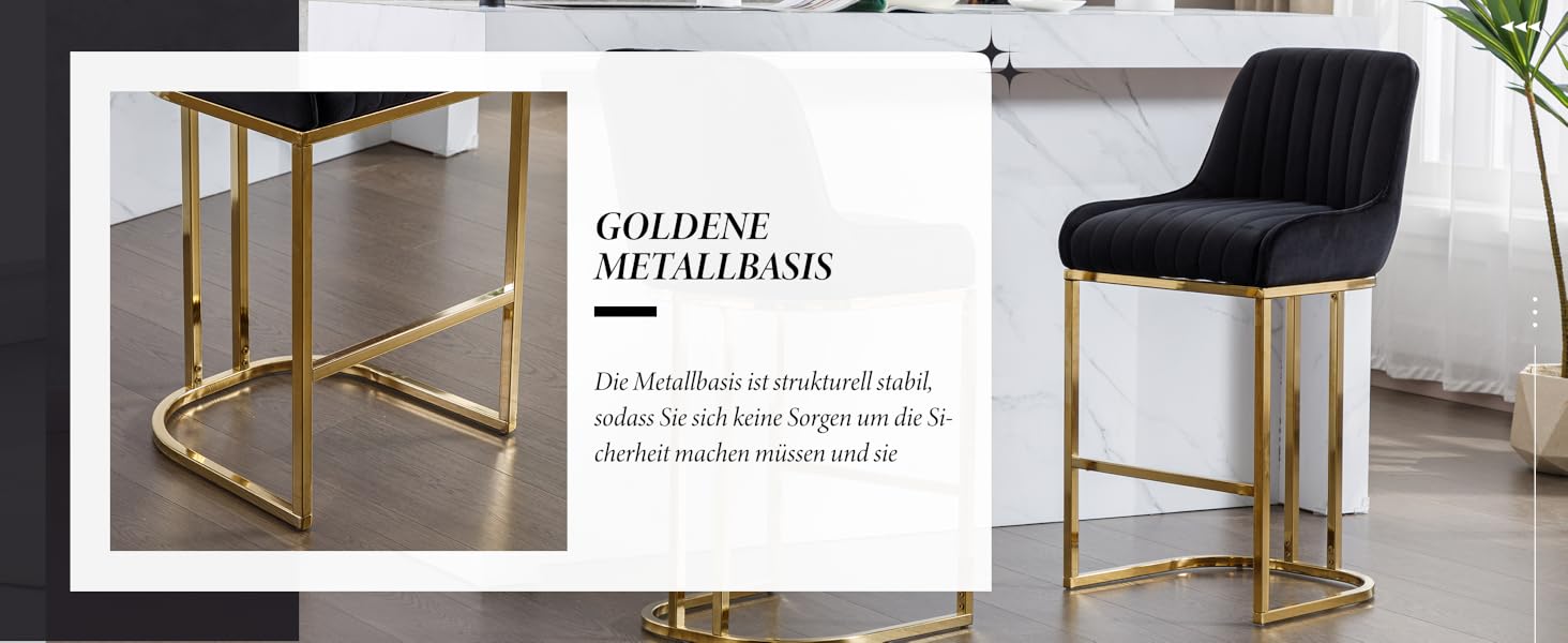 Набір з 2 барних стільців з велюру з золотистими металевими ніжками, м'яке сидіння, зі спинкою, без підлокітників для кухонної зони/домашнього бару (Чорний)