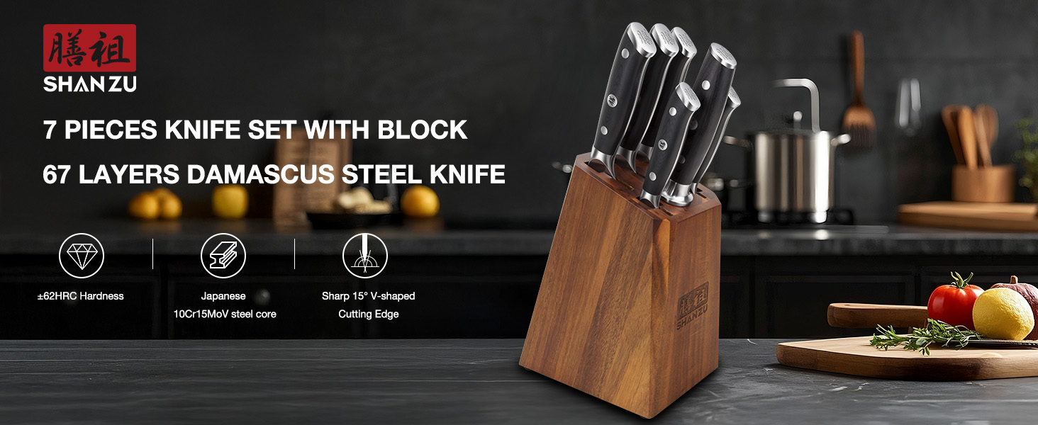 Набір кухонних ножів SHAN ZU PRO Series з дамаської сталі (67 шарів) з ручкою G10, 20 см (набір з бруском)