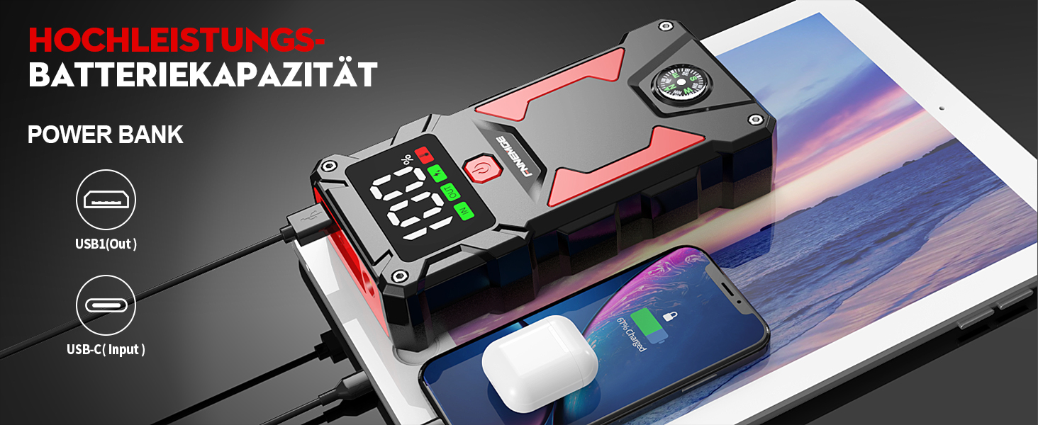 Бустер автозапуску FNNEMGE 9000A 26800mAh: Пусковий пристрій для авто (бензин та дизель до 10.0л), Powerbank з Quick Charge 3.0, LED-ліхтарем та EC-5
