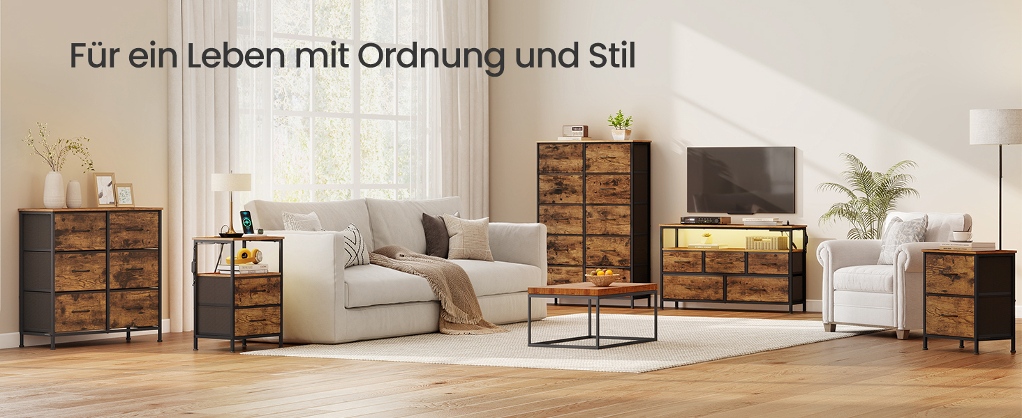 SONGMICS BELLAH: Комод з LED-підсвіткою, тумба з бездроговою зарядкою, 5 шухляд, індустріальний стиль, vintage brown + ink black