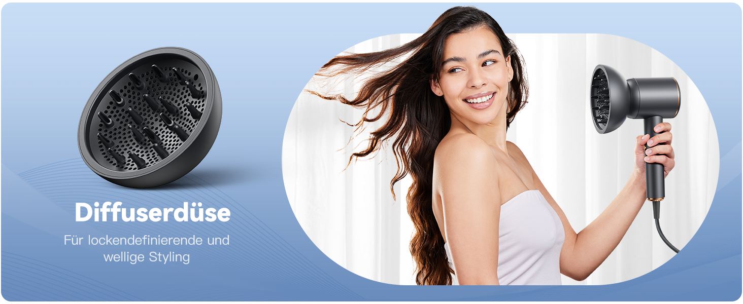 Іонний фен для волосся DEWILY з дифузором 1800 Вт, 3 температурних режими, компактний дорожній сунич для кучерявого волосся (сіро-чорний)