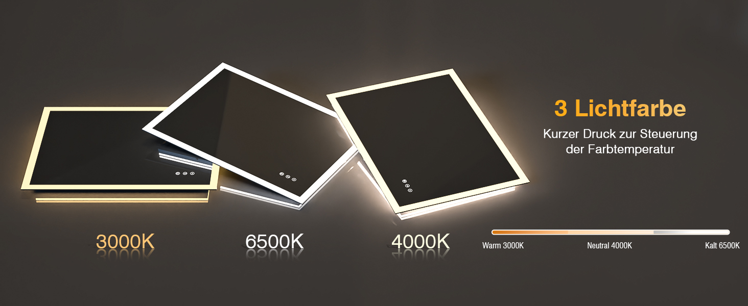 LED дзеркало для ванної кімнати 80x60 см з підсвічуванням, 3 кольори світла, регулювання яскравості, антизапарник, сенсорне керування, пам'ять, IP44, вологостійке