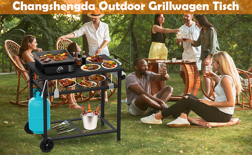 Гриль-вогнівку з грилем та піч для піци на коліщатках - стіл для гриля та піци для вулиці з двома сітчастими полицями для дому, вечірки, кемпінгу