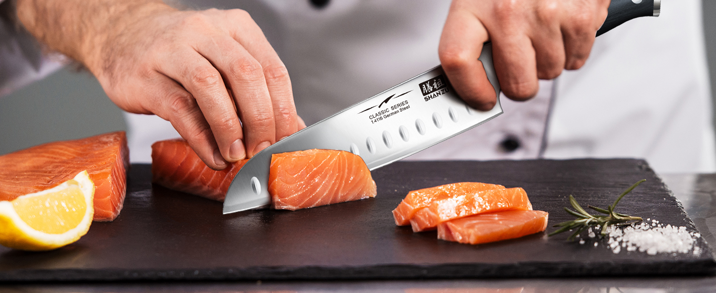 Ніж шеф-кухаря SHAN ZU Santoku: 18 см, нержавіюча сталь, ергономічна ручка, подарункова коробка