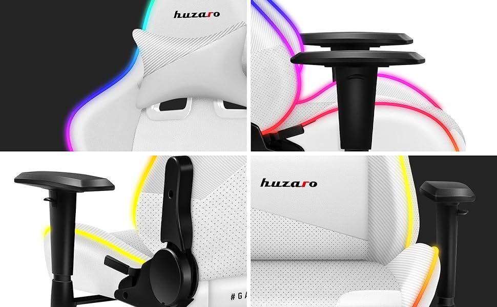 Ігрове крісло huzaro Force 6.2 RGB LED екошкіра до 130 кг регульоване по висоті ергономічне (біле)