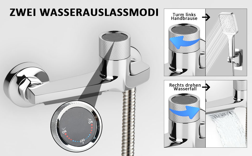 Змішувач для ванни з термостатом та двома виходами, душова лійка з запобіжним клапаном, настінний для ванни та душу, хром