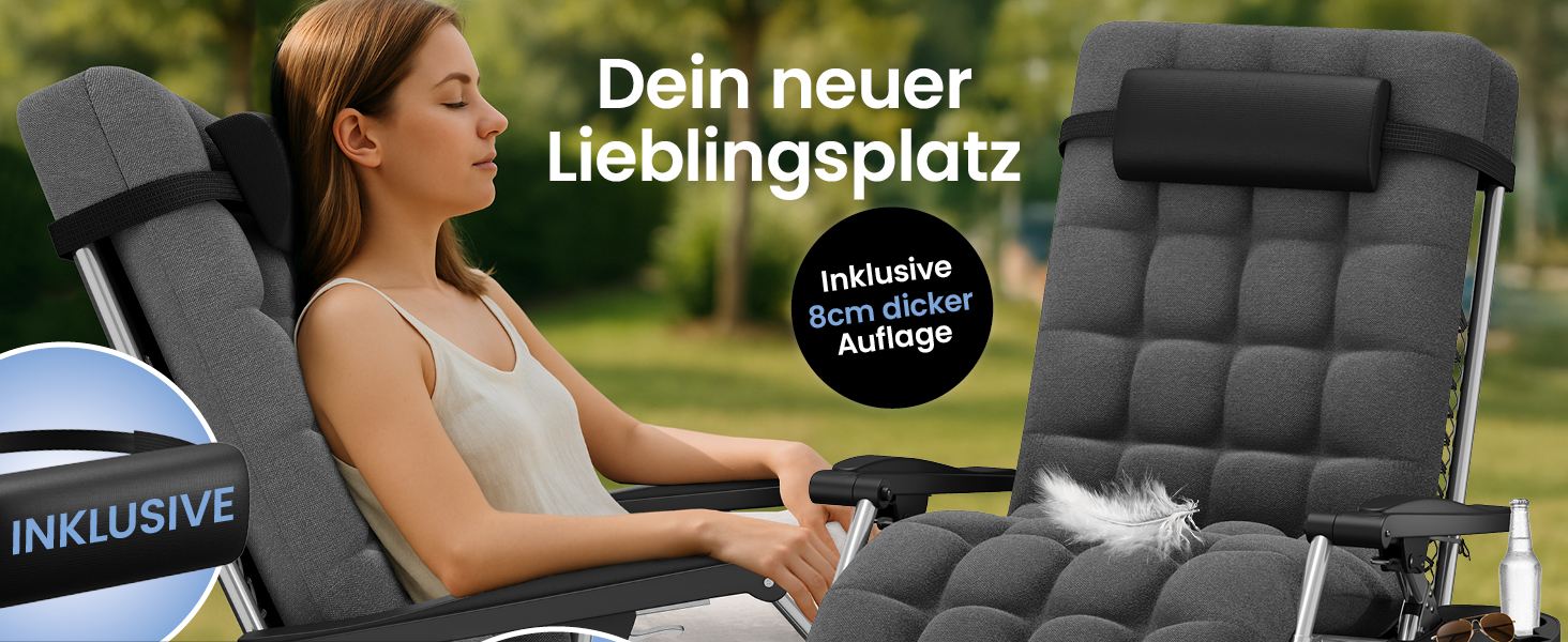 Лежак ELONEO розкладний преміум з подушкою, сонячний лежак для саду, вологостійкий, широка спинка, регульована, з подушкою для шиї та тримачем для напоїв, антрацит