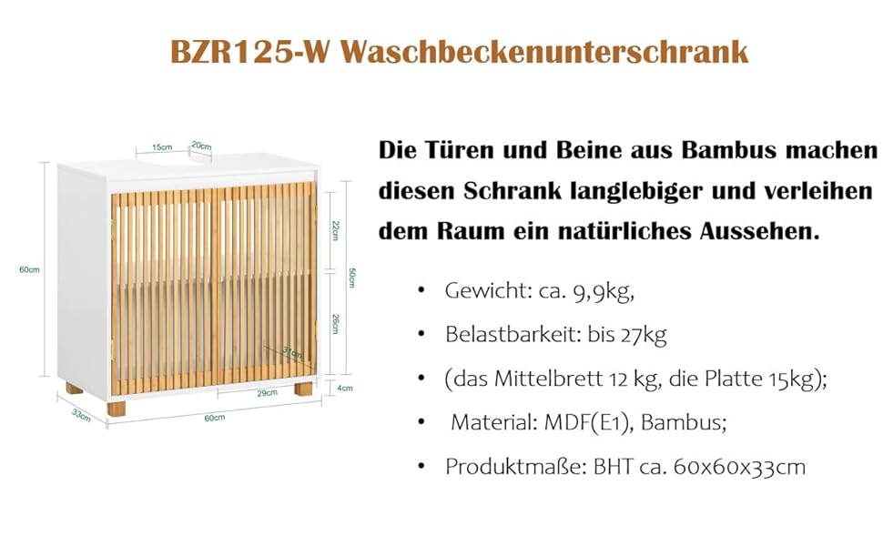 Тумбочка для ванної кімнати SoBuy, вузька, 30 см, з бамбуковими дверцятами, вологостійка, 33x165x33 см, BZR127-W (нижній шафчик)