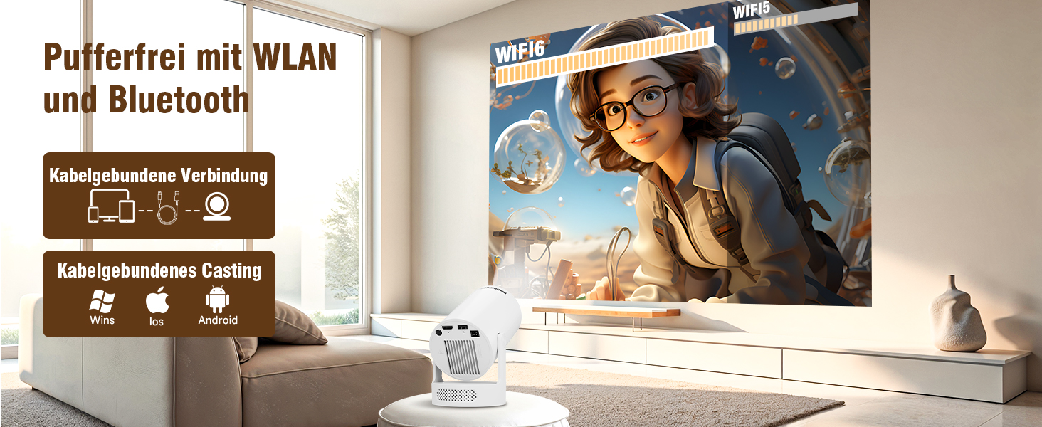 Міні проектор Alwtniet 4K з Wi-Fi 6, Bluetooth 5.4, 5W динаміком, автоматичною корекцією трапецеїдальних спотворень, поворотним на 180°, портативний для дому та вулиці (Android 11)