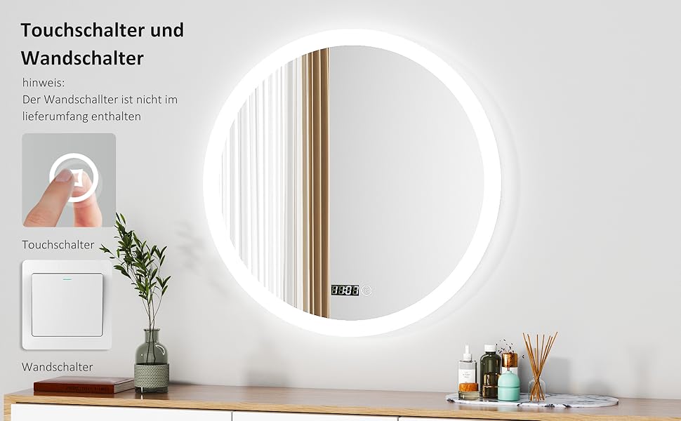 Круглий дзеркало для ванної кімнати Boromal з підсвічуванням, годинником та 3 кольорами світла (60см)