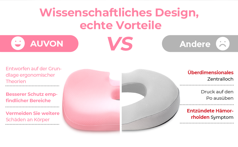Ортопедична подушка для сидіння AUVON: комфорт при геморої, для офісу, авто, інвалідного візка. Зняття болю при ішіасі та вагітності (рожева)