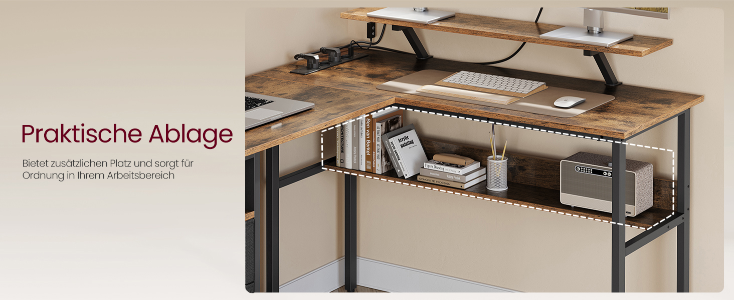 Комп'ютерний стіл VASAGLE L-подібний з розетками, LED-підсвічуванням та USB-портами, 150 x 120 x 76 см, для дому та офісу, вінтажний колір