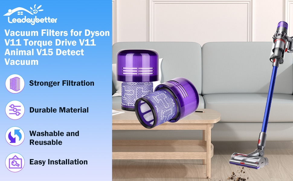 Фільтр Leadaybetter V11 для Dyson ідеально сумісний із акумуляторним пилососом Dyson V11 Absolute Extra Pro, V11 Torque Drive V11 Animal V15 Detect SV14, номер заміни деталей. DY-970013-02.