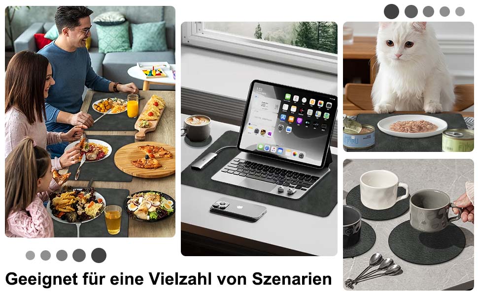 Підставки під гаряче та серветки під тарілку | Коричневе шкіряне покриття з м'якої шкіри, двосторонні, неслизькі, стійкі до подряпин | Підставки під тарілку для дітей, миючіся, термостійкі | для обіднього столу, кухні, квартири | Зелений та сірий колір (набір 6 шт., сірий, чорний)