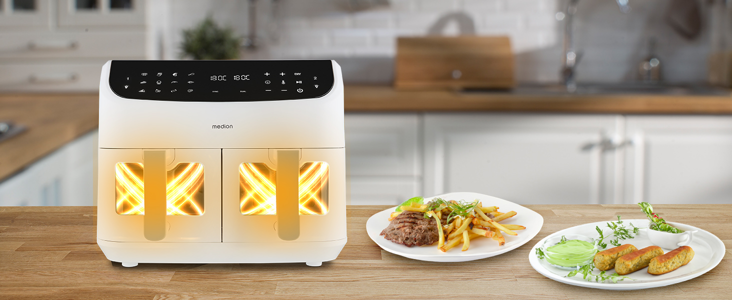 MEDION P20 XXL Фритюрниця для повітряного приготування з 2 камерами (8,7 л, Airfryer, 2600 Вт, подвійна камера, 10 автоматичних програм, 2 ящики, віконце, Dual Airfryer, ILAG PFAS-free, MD11760) матово-білий