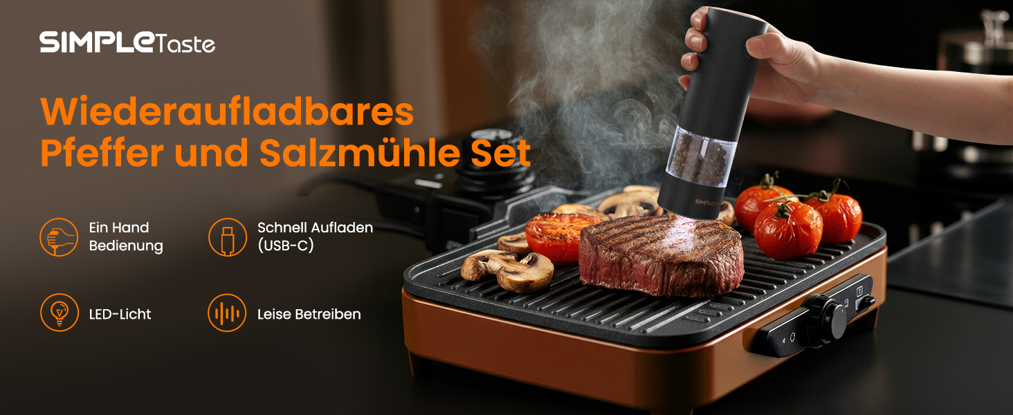 Набір електричних млинків для солі та перцю SIMPLETASTE, USB-аккумуляторні з керамічним механізмом, 2 шт