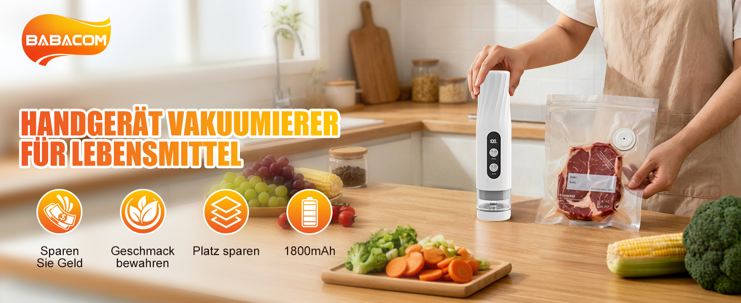 Вакууматор Babacom портативний з резервуаром для води, потужність 60кПа, автоматичний вакуумний пакувальник з пульс-функцією для делікатних продуктів, 20 багаторазових пакетів у комплекті