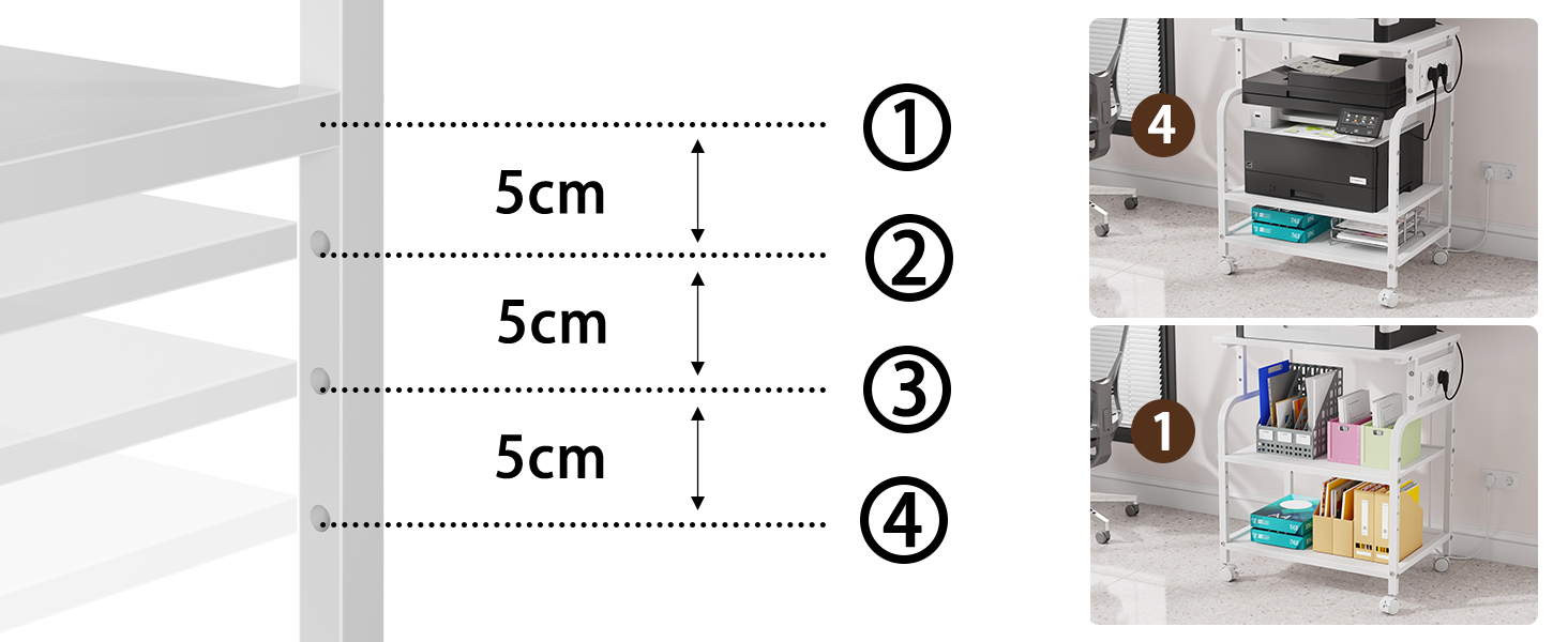 Тристопельний стіл для принтера з розеткою та USB-портами, регульовані полиці, роликовий стійка для дому/офісу, для 3D/лазерного друку, термопреса (білий, 60 см)