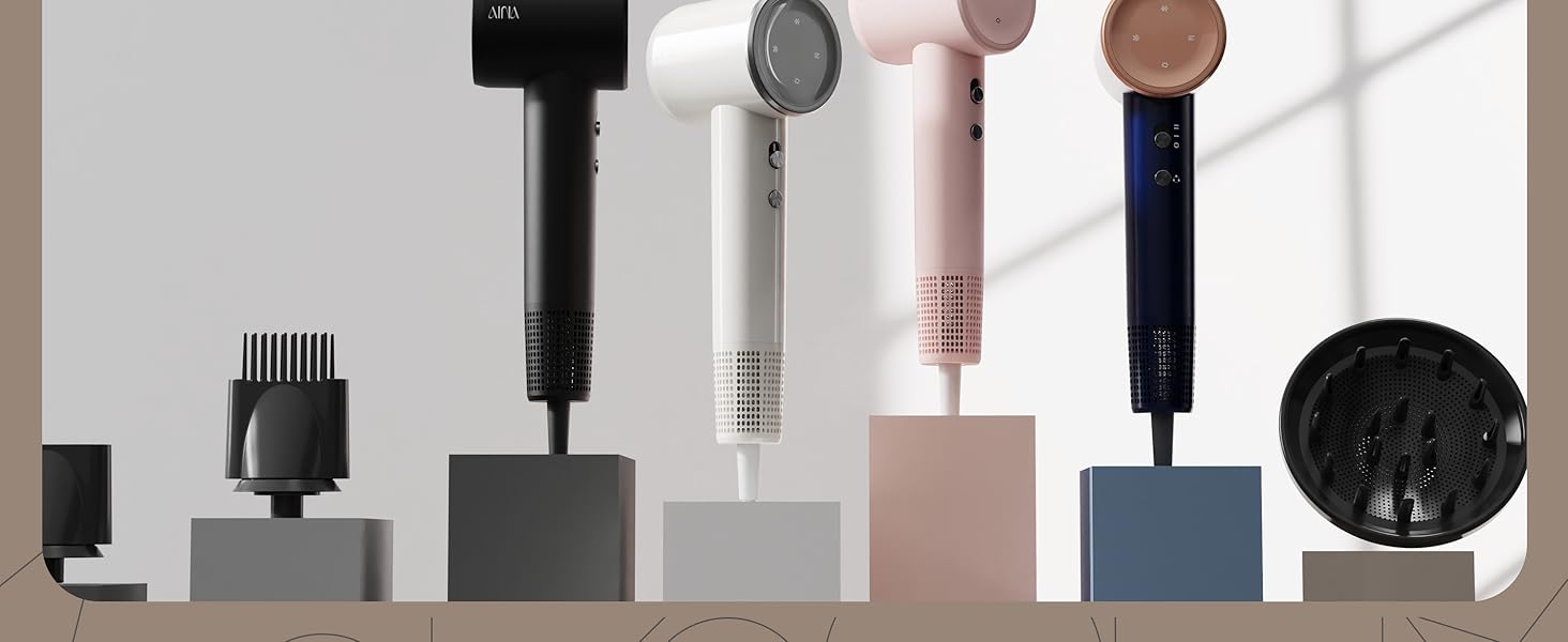 Високошвидкісний іонний фен для волосся AINA з безщітковим двигуном 160 000 об/хв, набір з дифузором, гребінцем та соплом, чорний (3A)