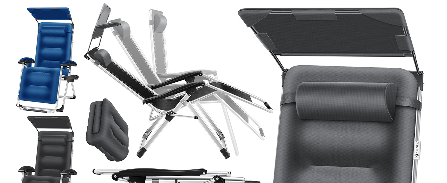 Шезлонг KESSER® для саду, широка та стійка до погодних умов, витримує до 200 кг, ергономічна спинка, регульована, з подушкою, підголівником, тримачем для напоїв, підлокітниками та бічною кишенею, блакитний