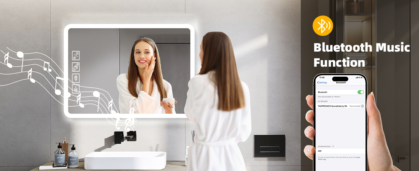 Дзеркало для ванної кімнати з підсвіткою 50x70 см з Bluetooth, годинником, функцією проти запотівання та сенсорним вимикачем