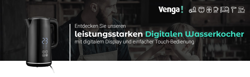 Венга Електричний чайник, чайник з нержавіючої сталі 1,7 л, цифровий дисплей, регульована температура 40-100C, чорний/сріблястий, 2200 Вт, VG JK 3003