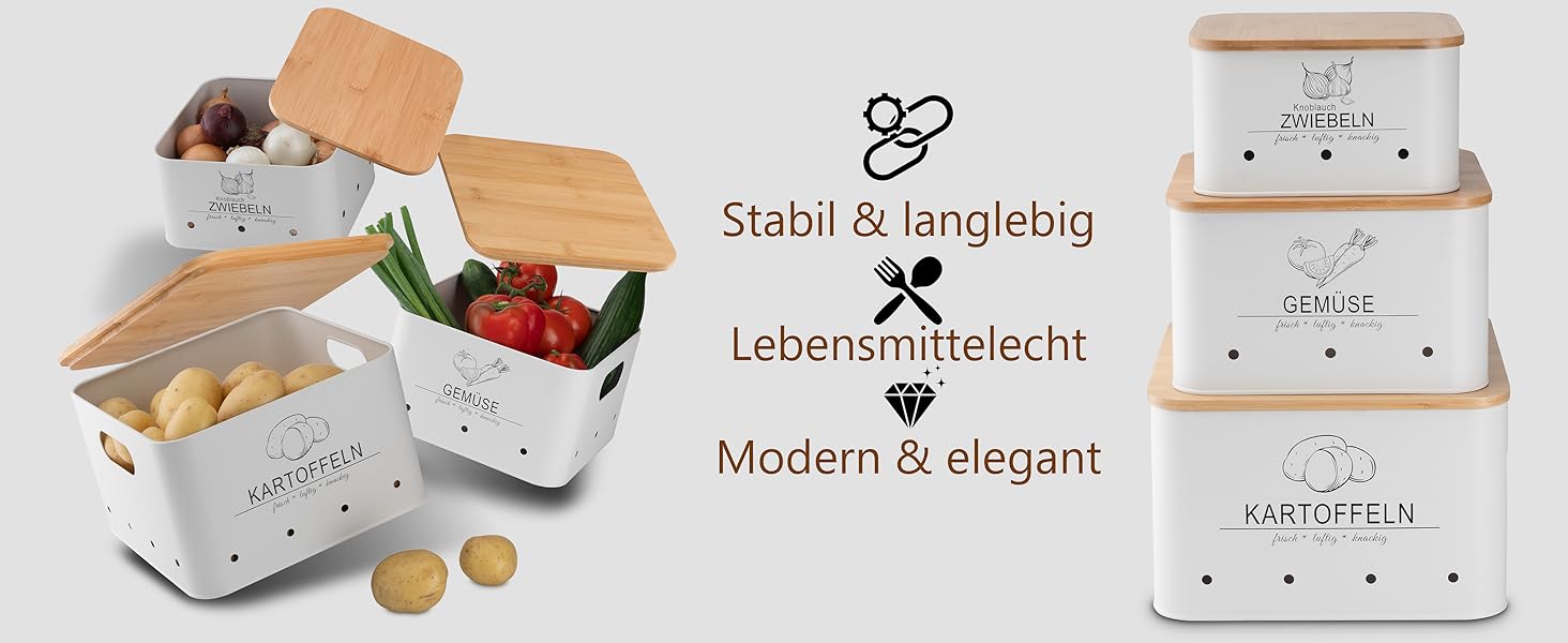 Коробки для зберігання картоплі MNKsolution (3 шт) з кришкою - для картоплі, овочів, цибулі, часнику - органайзер для кухні, контейнери для продуктів (білий)