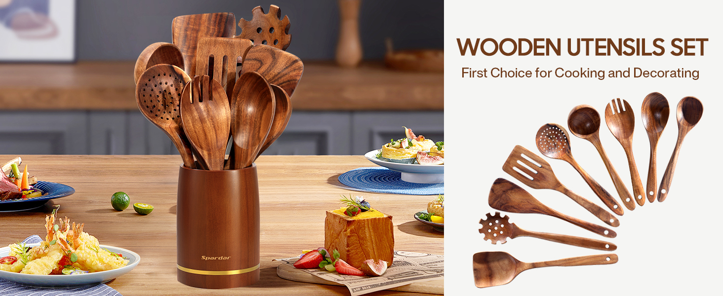 Набір кухонного приладдя Spardar з дерева, 12 шт: ложки, шумовки, підставка, рукавиці. Колір: помаранчевий, коричневий