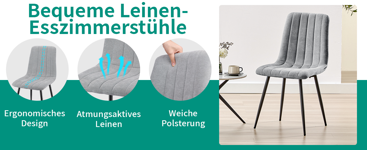 Набір з 4-х оббитих стільців для їдальні з тканини льон та чорними металевими ніжками, смугастий дизайн, для їдальні, вітальні, спальні, кухні, рецепції, сірий