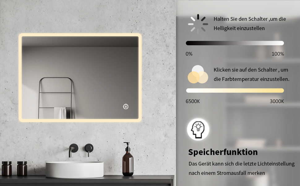 Дзеркало для ванної кімнати BD-Baode з LED-підсвічуванням 40x60 см, сенсорне керування, 3 режими освітлення, прямокутна форма