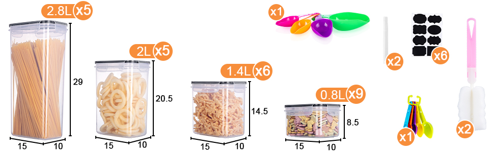 Набір з 25 банок для зберігання герметичні (9x0.8 л, 6x1.4 л, 5x2 л, 5x2.8 л) Коробка для зберігання кухонних пластикових банок для зберігання їжі