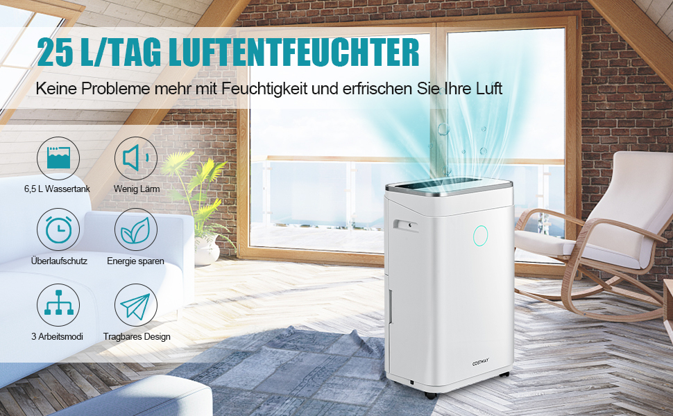 Електричний осушувач повітря COSTWAY 25L з 3 режимами, для приміщень до 30 м², об'єм бака 6,5 л, таймер 24 год, 2 швидкості, тихий режим (≤ 42 dB)