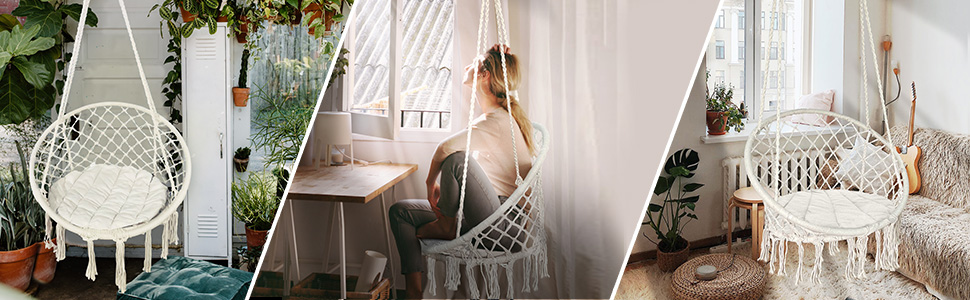 Підвісне крісло-гойдалка VOUNOT з полицею для книг та подушкою, для дому та саду, діаметр сидіння 80 см, X-Large, Бежевий