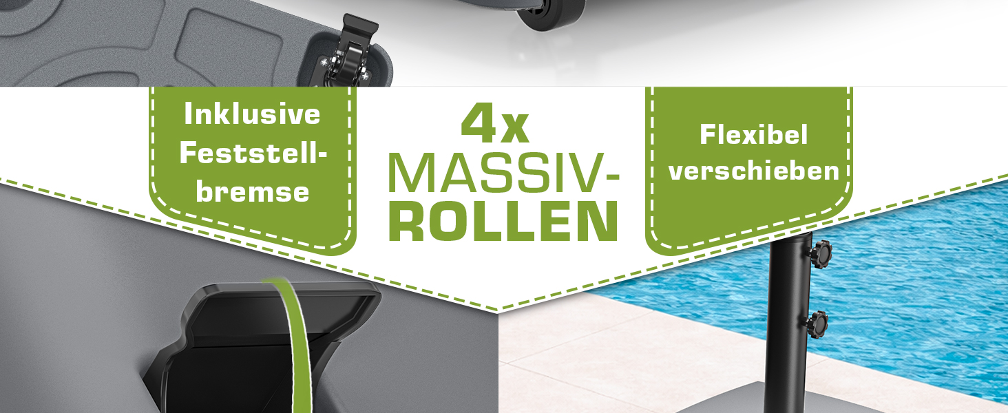 Підставка для парасольки tillvex® GRAVIA на колесах з гальмами, 37л/56кг, для парасольок Ø1.8-3.7м, чорна, стійка до погодних умов та УФ-випромінювання