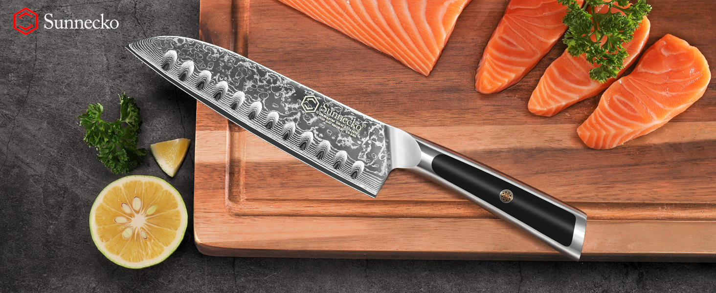 Ніж Sunnecko Дамаск - кухонний ніж. Гострий ніж з дамаської сталі. Азіатський універсальний кухонний ніж для дому та кухні з ергономічною ручкою (7 дюймів Сантоку)