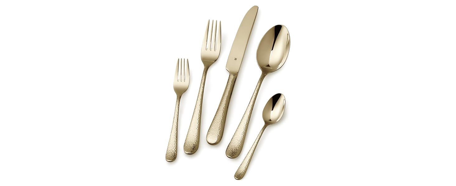 Набір столових приборів WMF Sitello Gold Edition на 6 осіб (30 предметів) - Cromargan нержавіюча сталь, полірована, з молотковою обробкою, ергономічні, золотисті