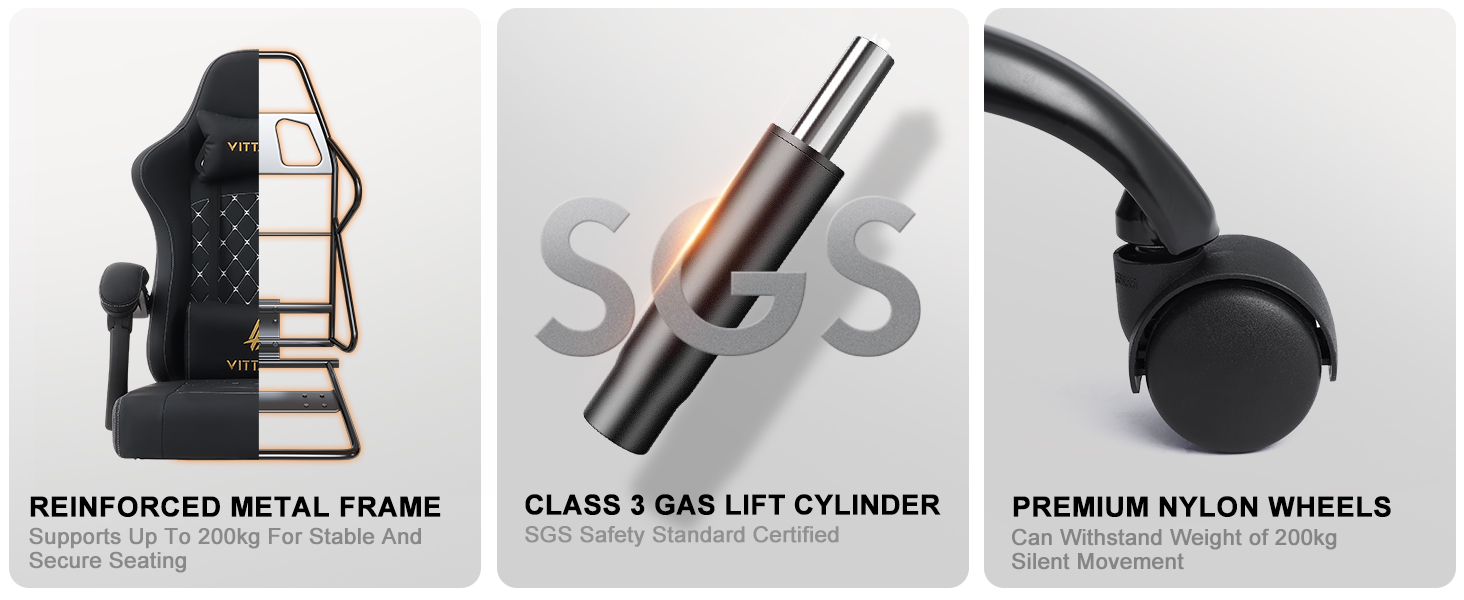 Ігровий крісло Vittanly з пружинним сидінням, ергономічний геймерський стілець з підголівником, поперековою подушкою та підніжкою, регульований поворотний ігровий крісло-офісне крісло, чорний, 150 кг