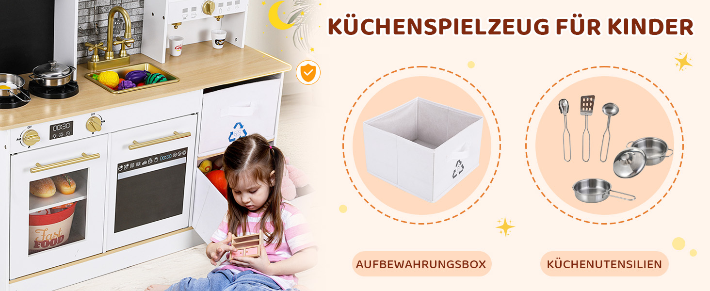 Дерев'яна дитяча кухня MAMIZO з підсвіткою та звуком, 90x30x90 см, з аксесуарами та 2 ящиками для зберігання, іграшка для дітей від 3 років, білий колір