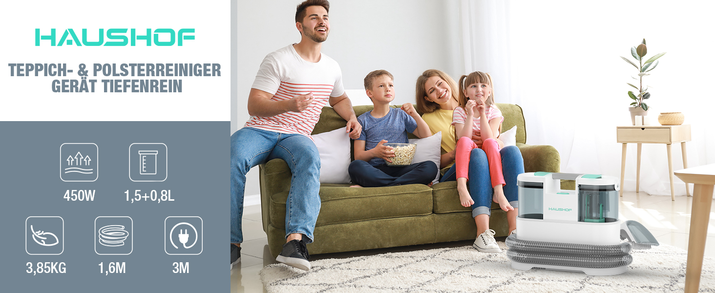HAUSHOF StainZapper Pro: Миючий пилосос для килимів та меблів, 450W, 12kPa, 1.5+0.8L, з миючим засобом та щіткою для швів. Ефективний видалення плям з килимів, диванів, меблів та авто. Модель HH23111