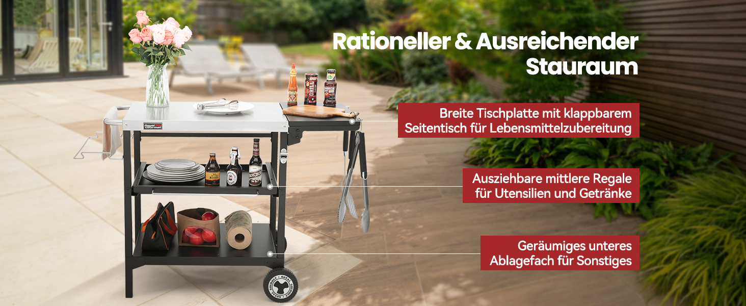 Набір для гриля Royal Gourmet: стіл-візок з 3 ярусами, стільниця з нержавіючої сталі 70x50 см та бічна полиця 30x50 см, для дачі та саду