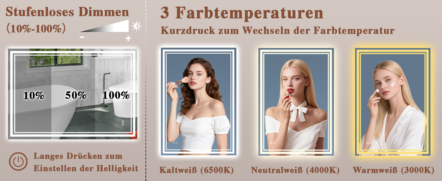 Дзеркало для ванної кімнати з підсвічуванням Badspiegel 50x70см LED, антизапар, сенсорне керування, регулювання яскравості, 3 кольори світла, настінне, горизонтальне/вертикальне